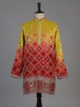 Red silk shaded bandhani kurta suit for men