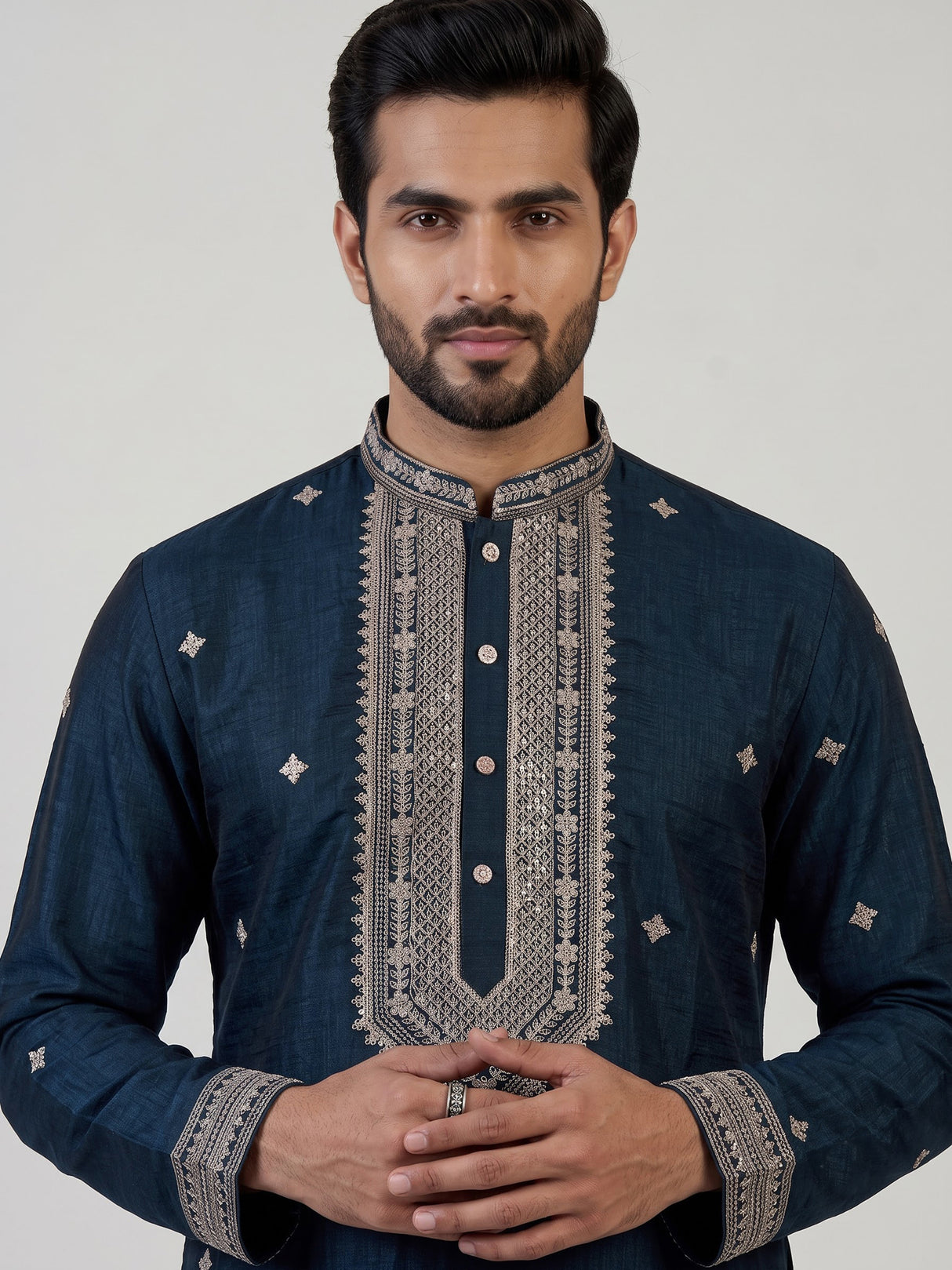 Peacock blue matka silk blend kurta suit for men