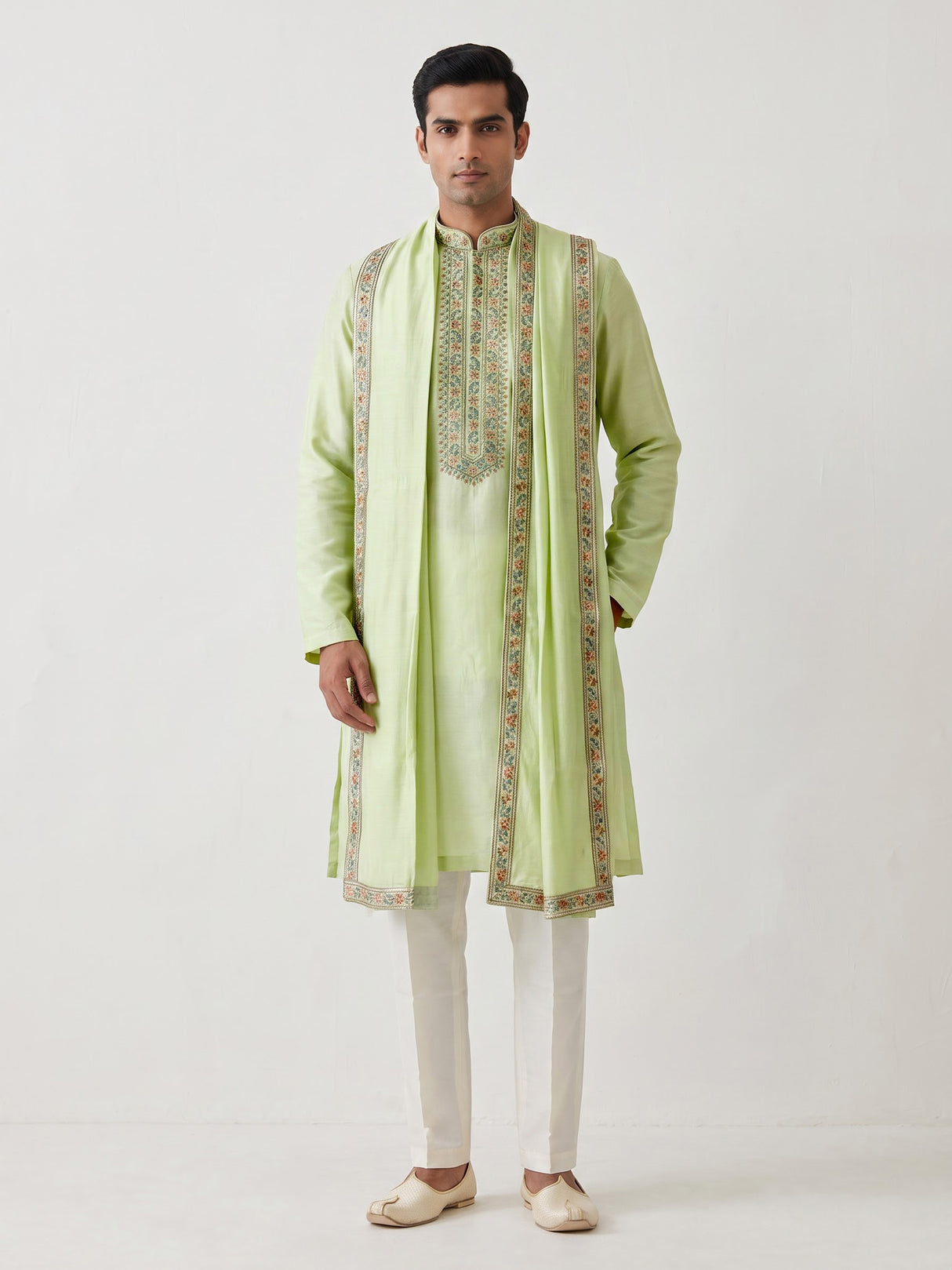 Pista green cotton embroidered kurta suit with dupatta