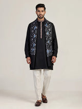 Black cotton embroidered kurta suit with woven dupatta