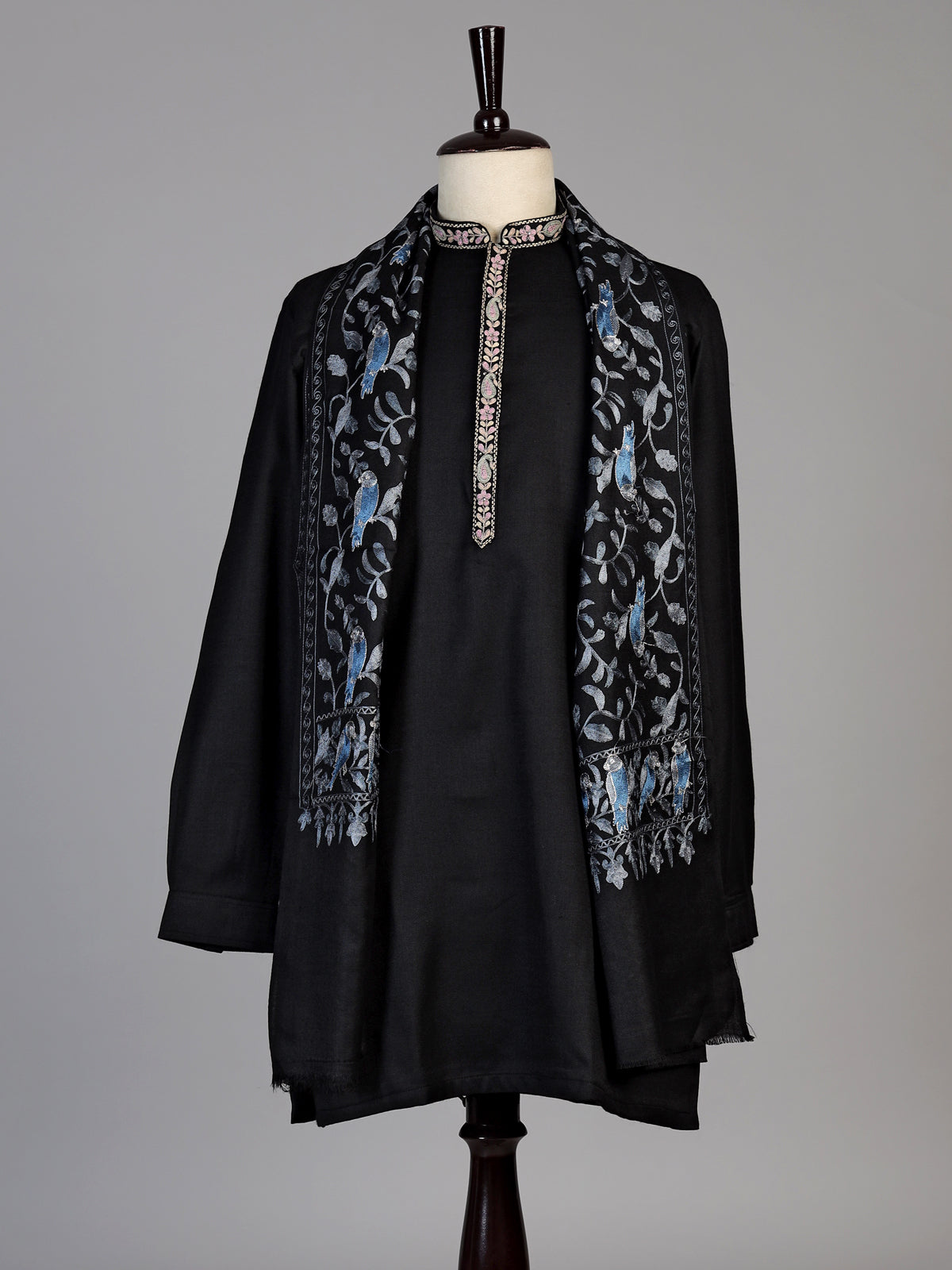 Black cotton embroidered kurta suit with woven dupatta