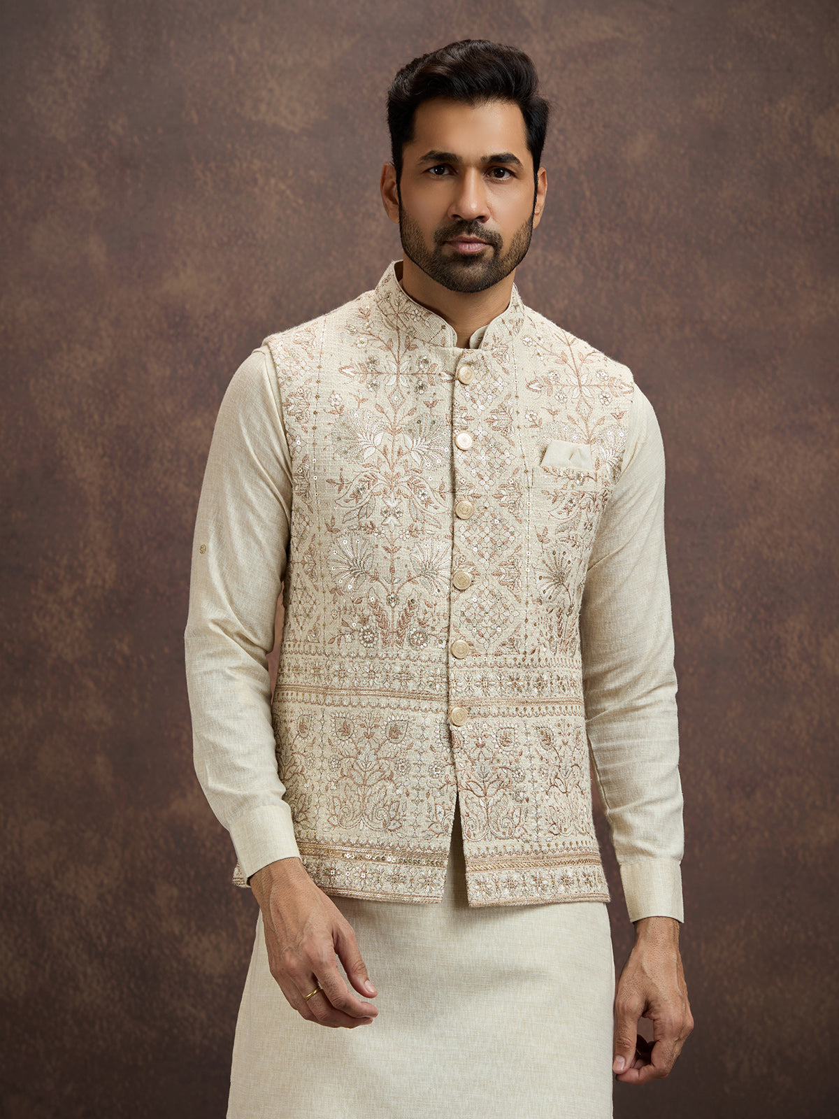 Cream embroidered cotton linen waistcoat set