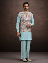 Powder sky blue cotton linen waistcoat set