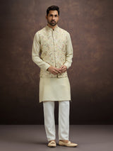 Pastel mint green floral embroidered mens waistcoat set in cotton linen