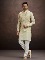 Pastel mint green floral embroidered mens waistcoat set in cotton linen