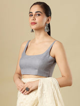 Grey linen solid blouse with round neckline and back opening