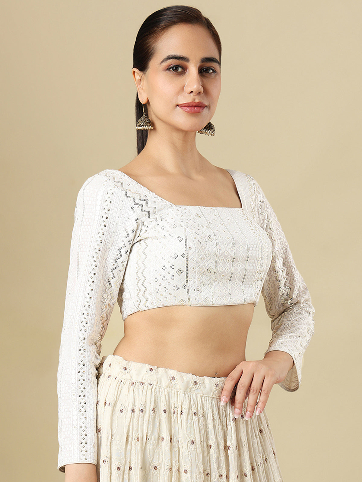 White georgette embellished blouse with square neckline and full sleeves