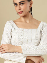 White georgette embellished blouse with square neckline and full sleeves