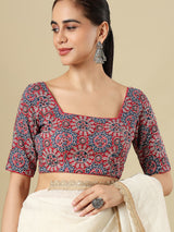 Red cotton printed blouse with square neckline and elbow sleeves