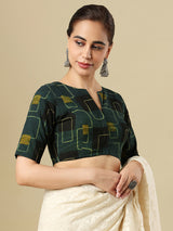 Green cotton printed blouse with boat neckline and elbow sleeves
