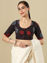 Multicolour cotton printed blouse with round neckline and elbow sleeves