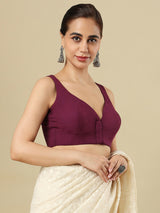 Wine cotton solid blouse with sweetheart neckline and front opening