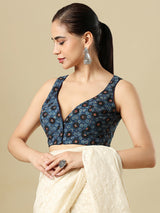 Blue cotton printed blouse with sweetheart neckline and front opening