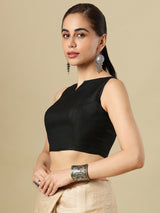 Black linen solid blouse with boat neckline and back opening