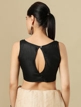 Black linen solid blouse with boat neckline and back opening