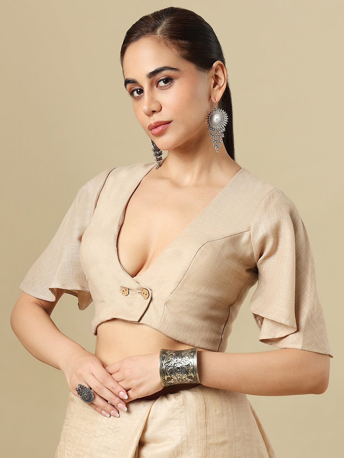 Beige linen solid blouse with V neck and elbow sleeves