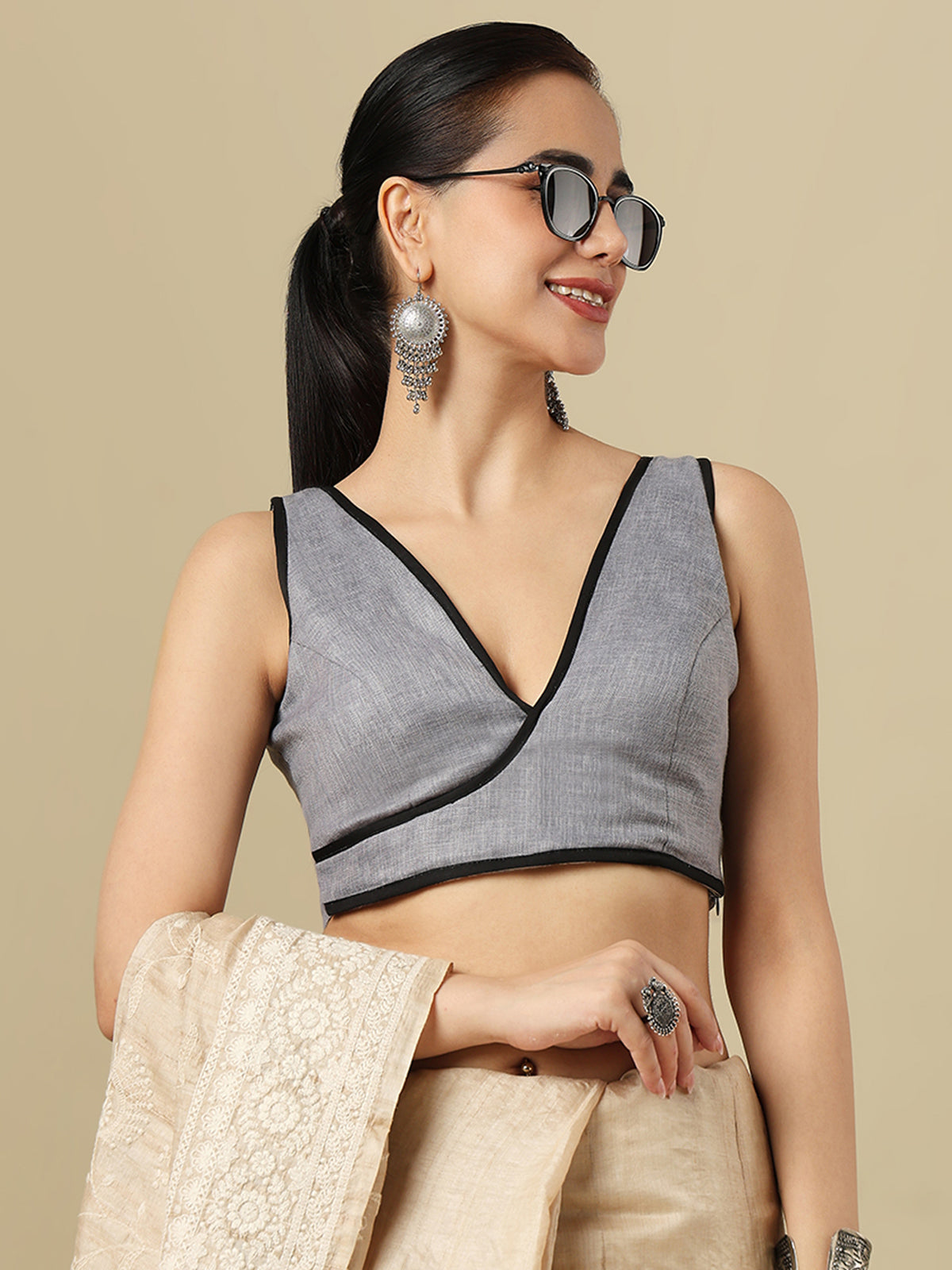 Grey linen solid blouse with V neck and side opening design