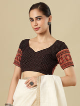 Black cotton printed blouse with sweetheart neckline and half sleeves