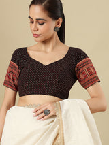 Black cotton printed blouse with sweetheart neckline and half sleeves