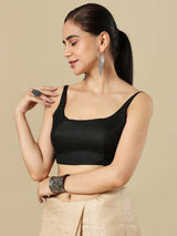 Black linen solid blouse with round neckline and back opening