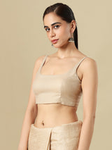 Beige linen solid blouse with round neckline and back opening
