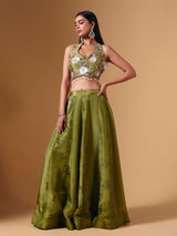 Green brocade silk lehenga choli with exquisite cutdana detailing