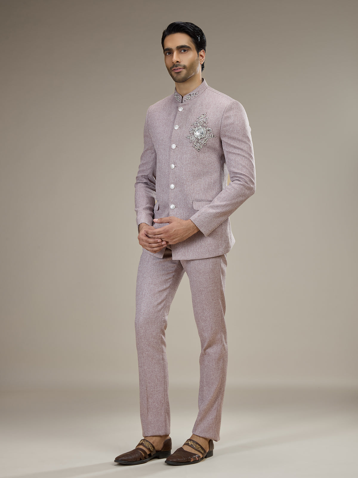 Lilac purple mens statement crest jodhpuri suit