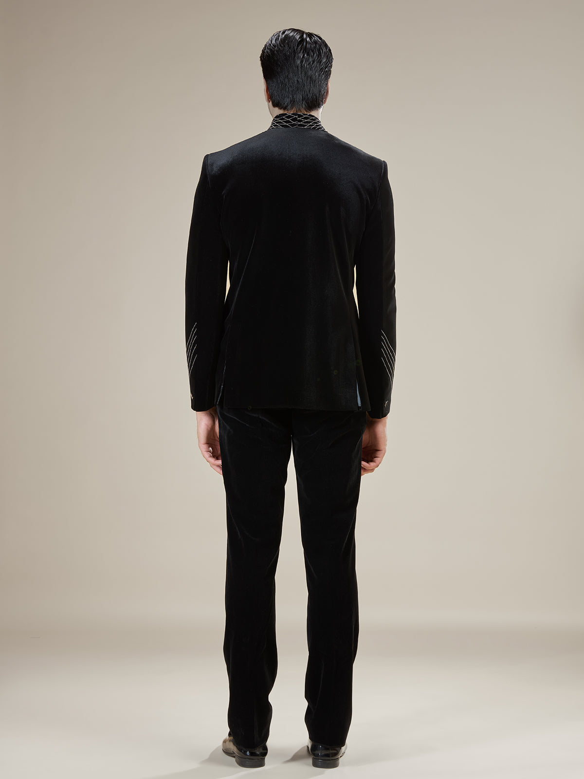 Black mens velvet pinstripe jodhpuri suit