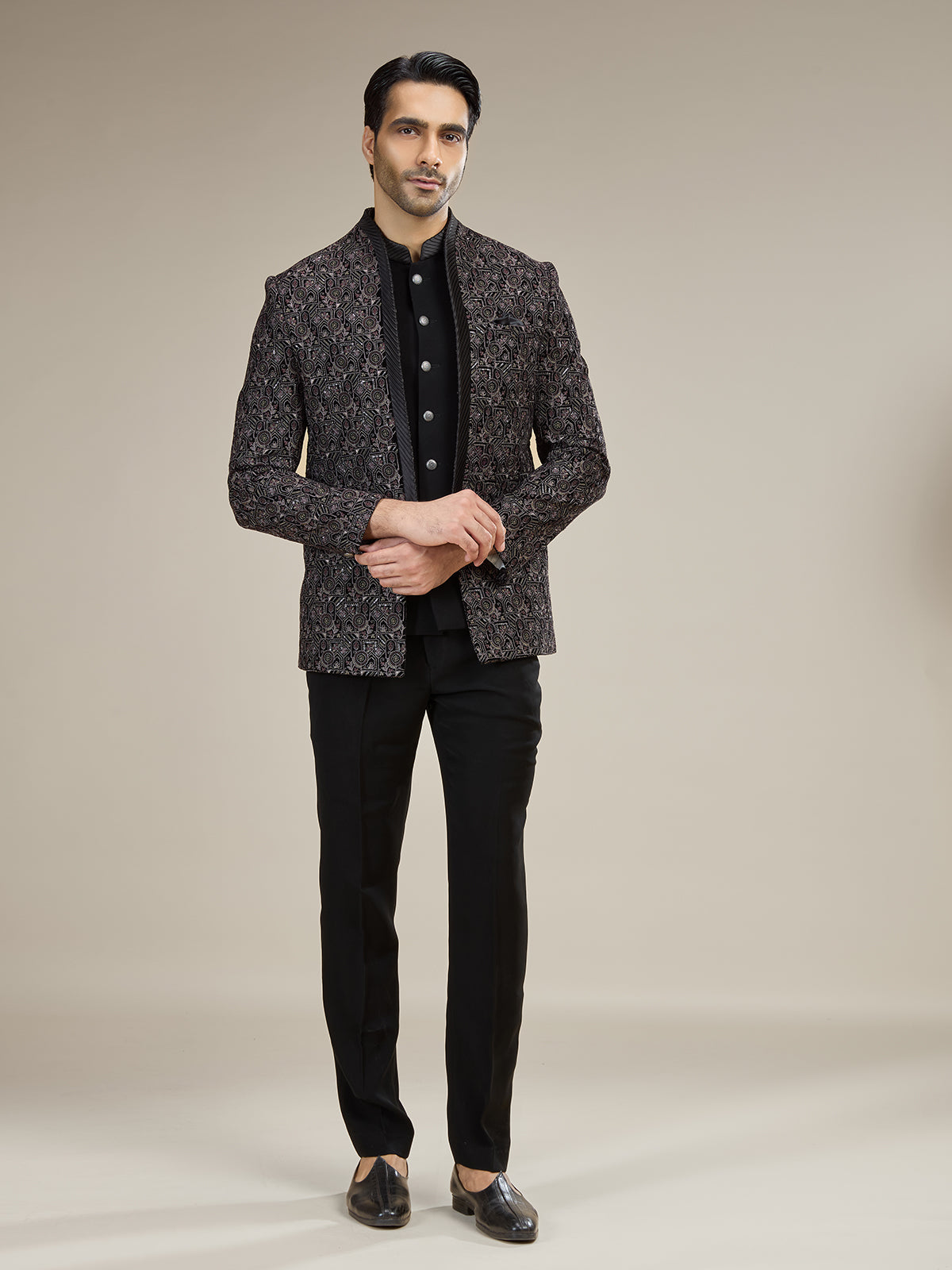 Black mens geometric velvet jodhpuri suit