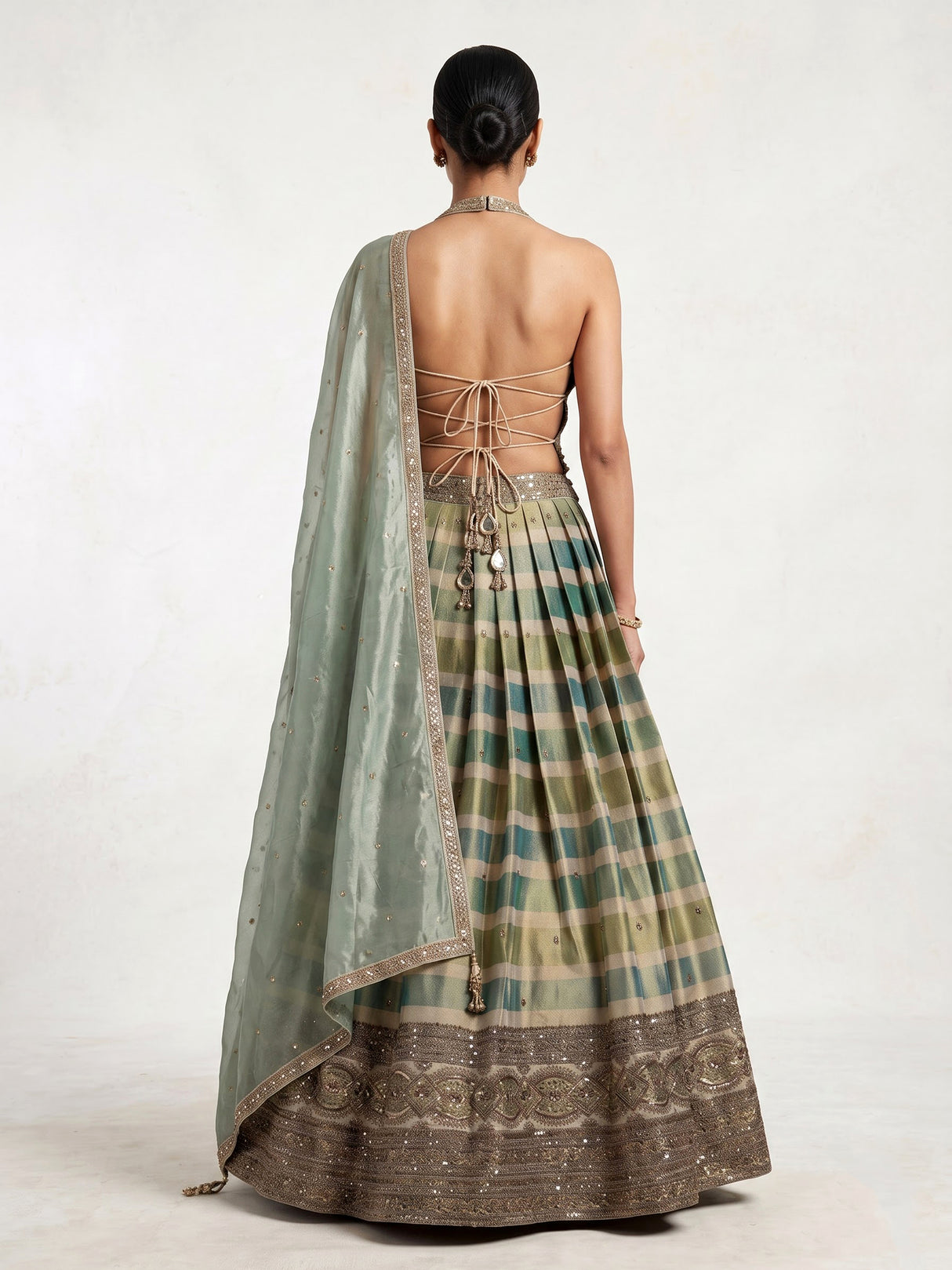Green baroque inspired lehenga choli for women