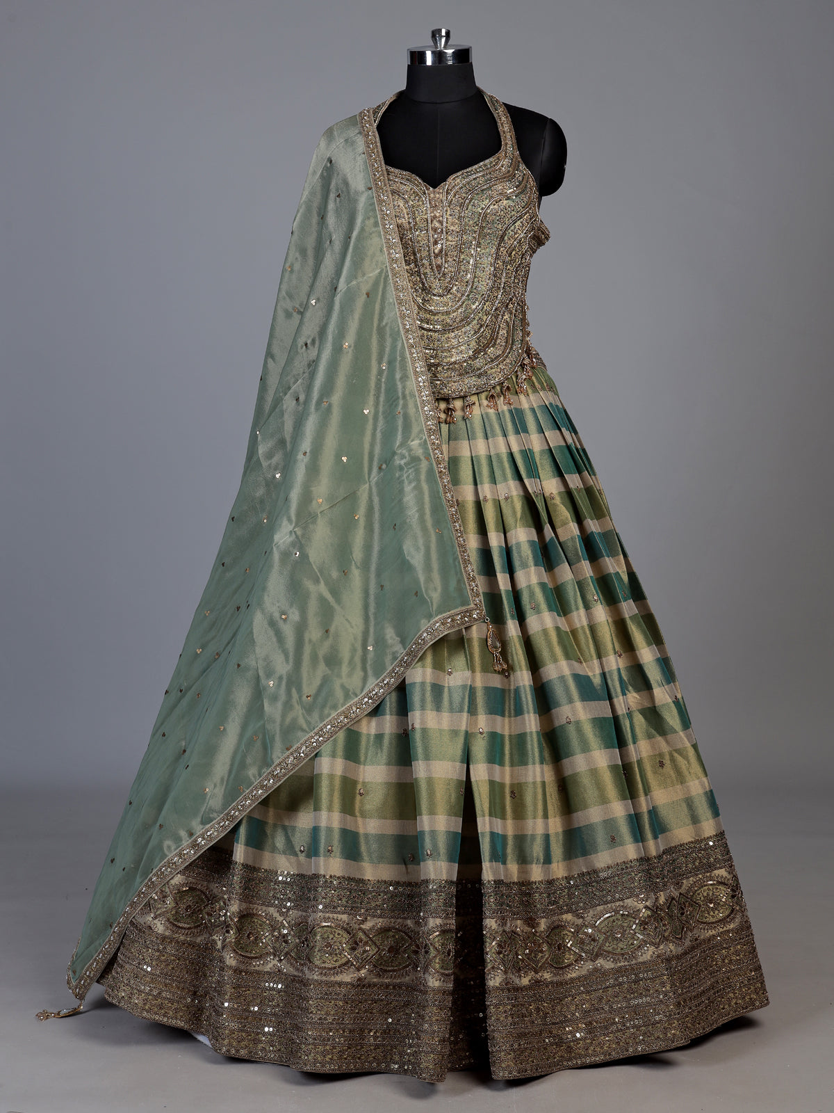 Green baroque inspired lehenga choli for women