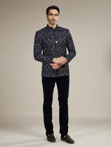 Navy blue mens botanical velvet jodhpuri suit
