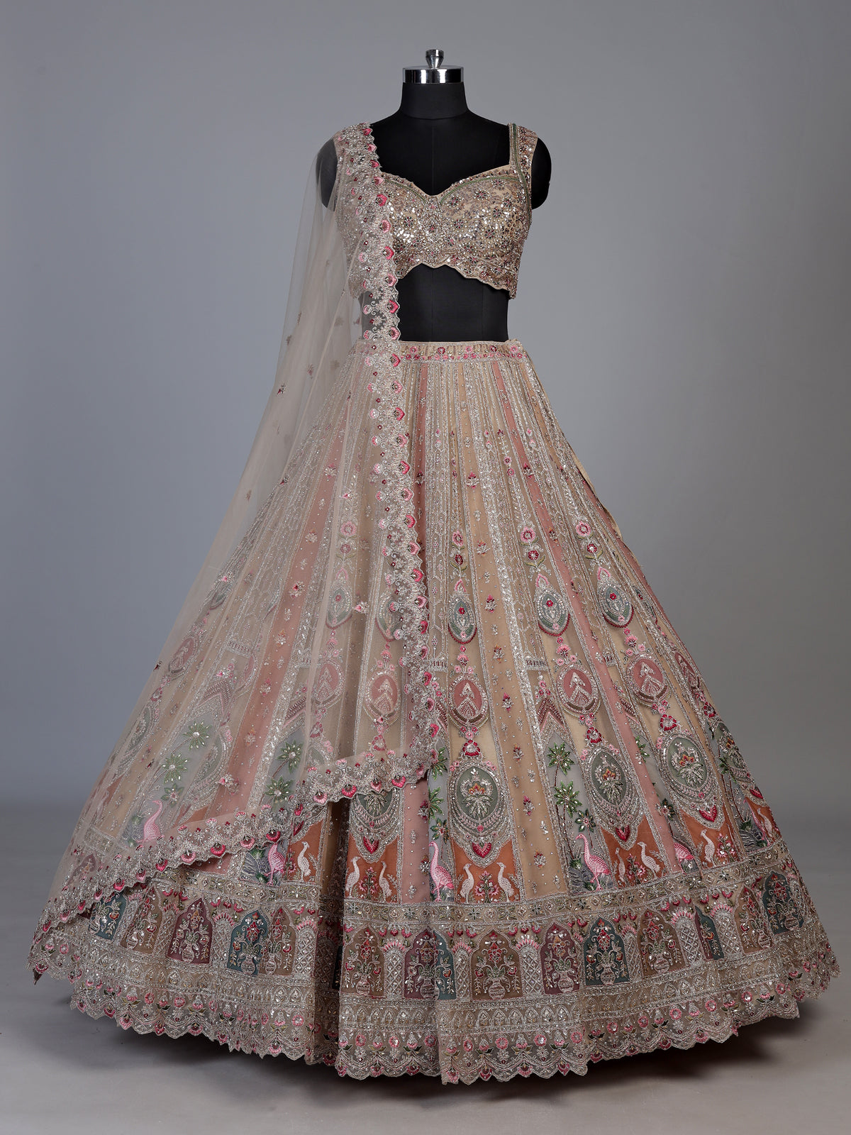 Beige zardozi kalidar lehenga choli for women