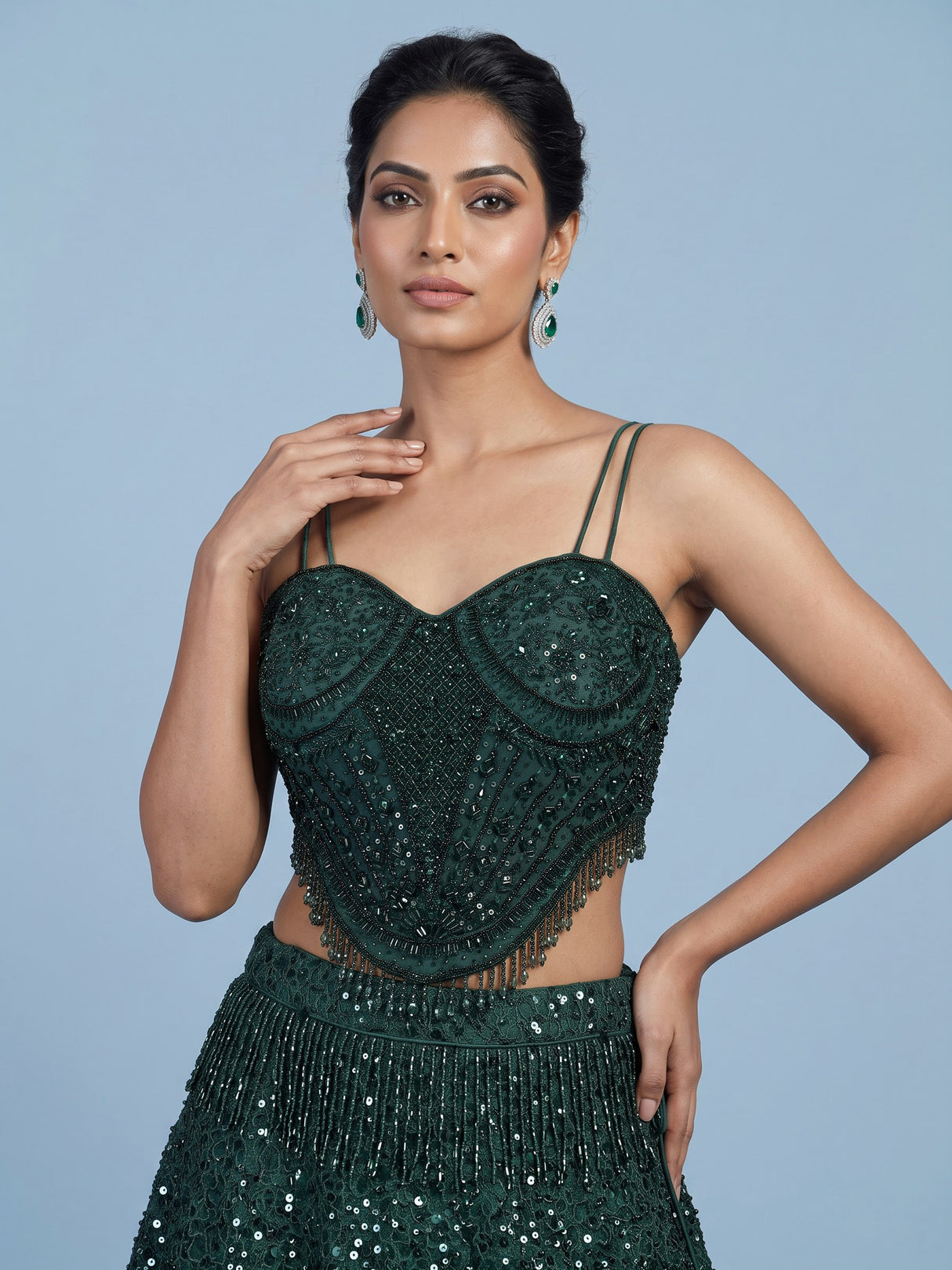 Green embellished cape lehenga choli for women
