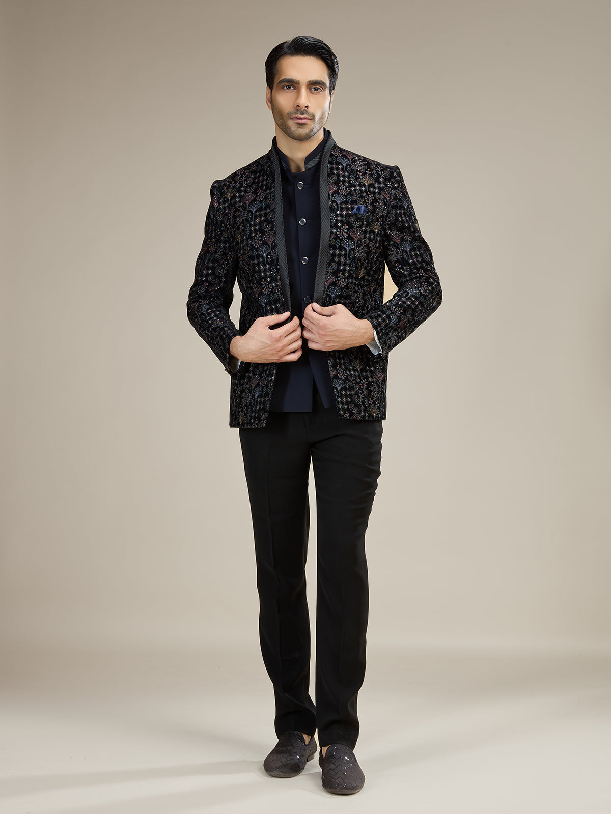 Navy blue mens embroidered velvet jodhpuri suit
