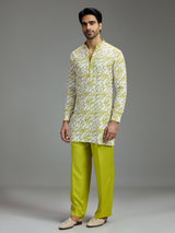 Off white and lime green mens abstract print kurta suit