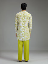 Off white and lime green mens abstract print kurta suit