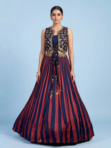 Rust blue striped jacket lehenga choli for women