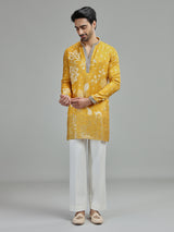 Yellow mens botanical zari kurta suit
