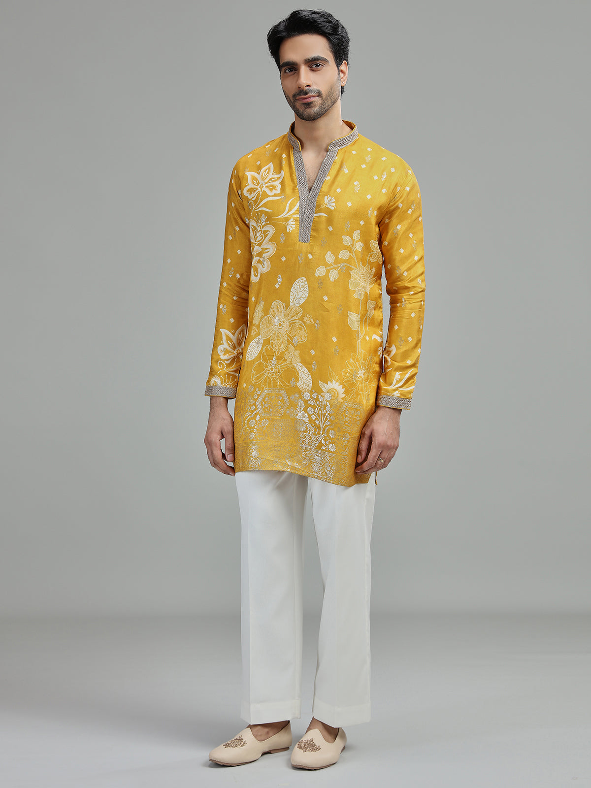 Yellow mens botanical zari kurta suit