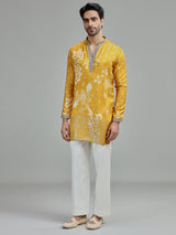 Yellow mens botanical zari kurta suit