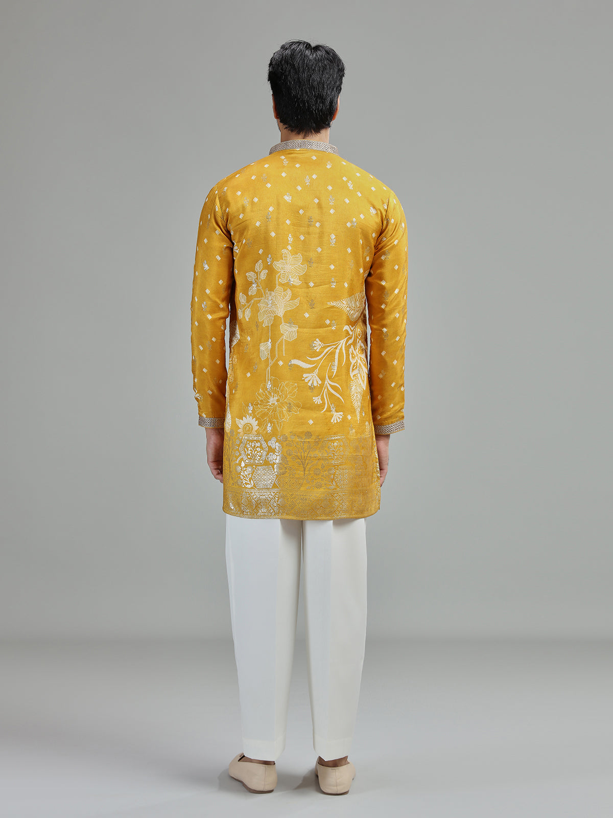 Yellow mens botanical zari kurta suit