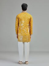 Yellow mens botanical zari kurta suit