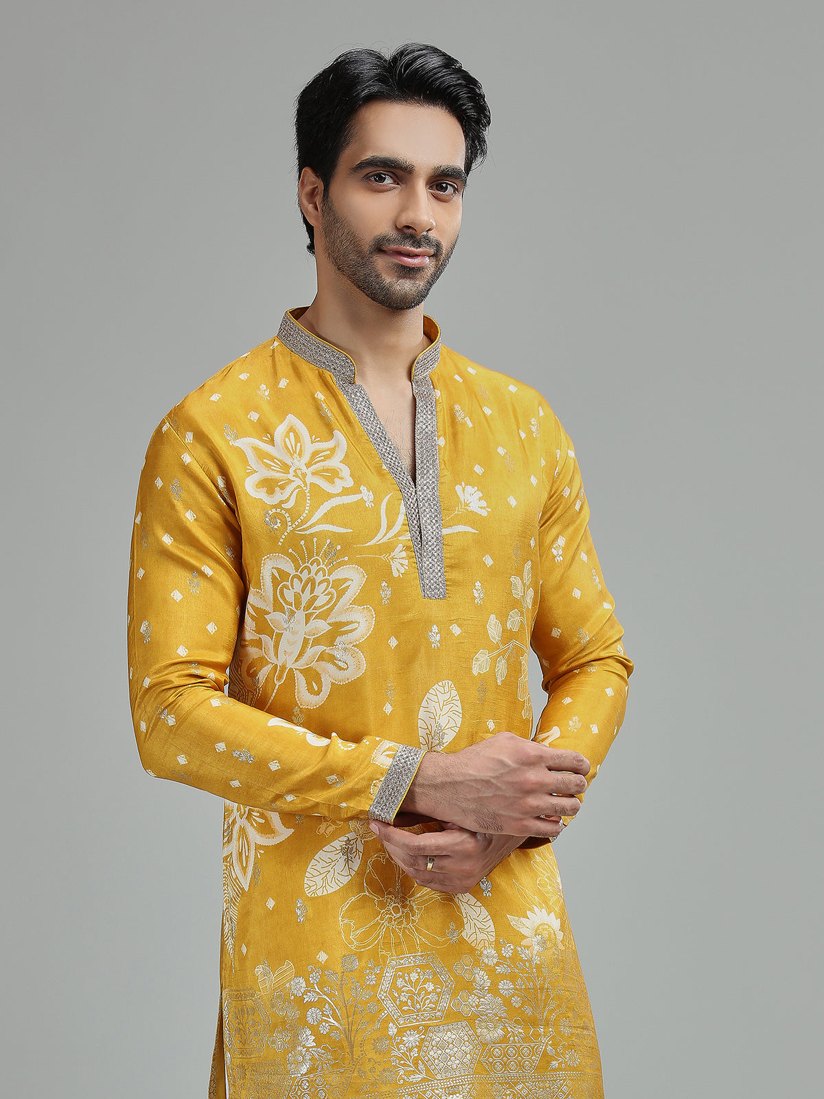 Yellow mens botanical zari kurta suit
