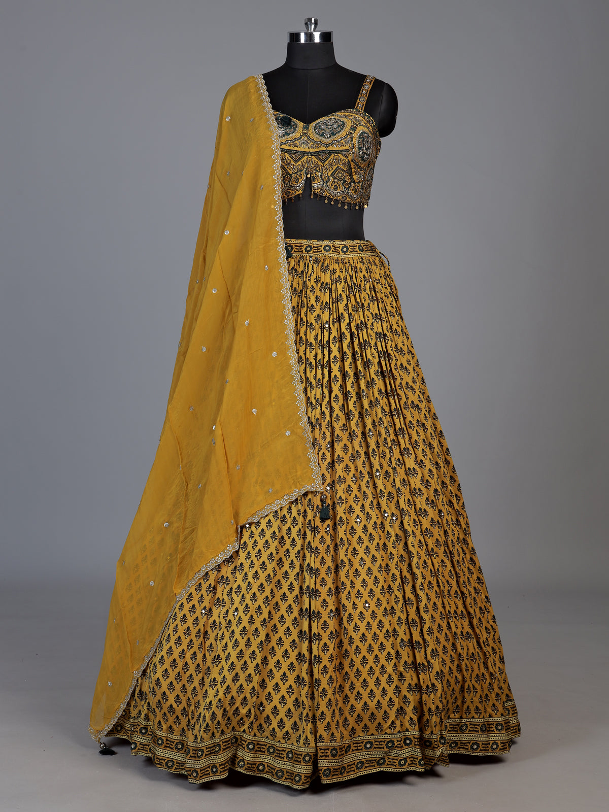 Mustard gold printed sequin lehenga choli for women
