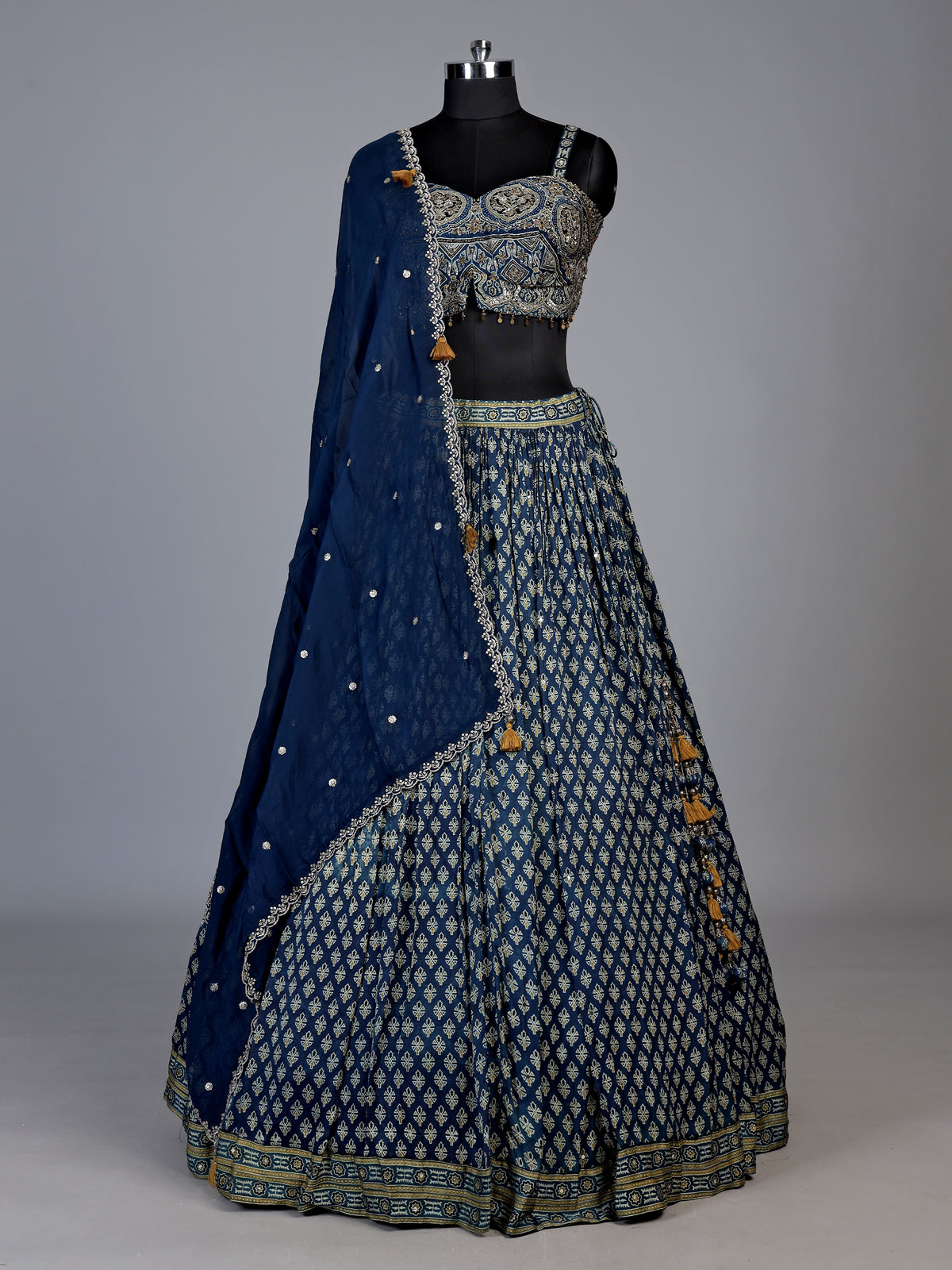 Blue ethnic print corset lehenga choli for women