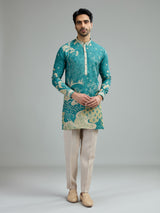 Turquoise blue mens vintage floral kurta suit