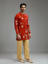 Crimson red mens geometric aabla kurta suit