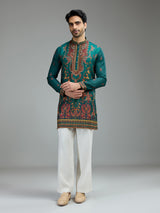 Deep teal green mens kalamkari kurta suit