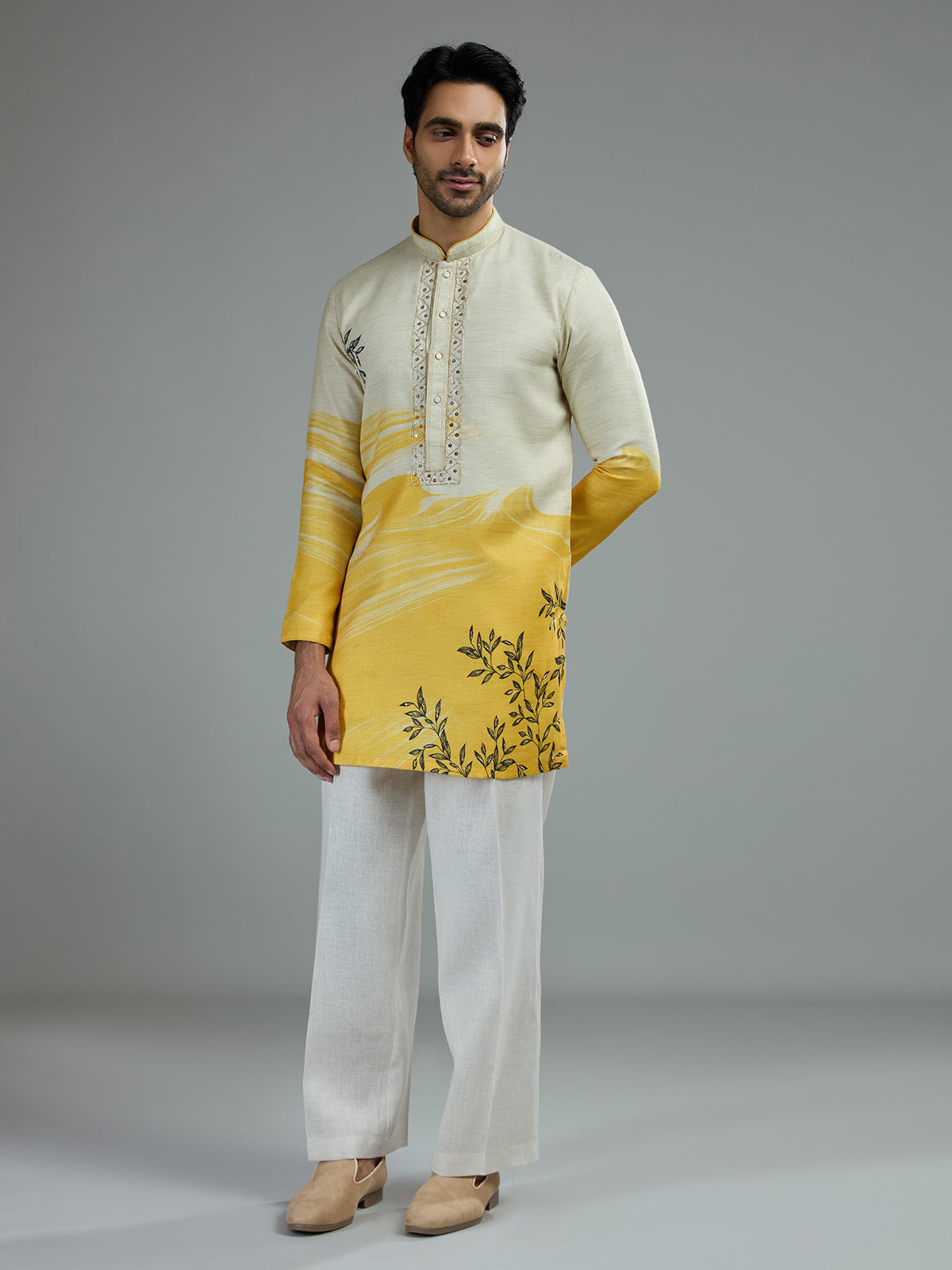 Off white and yellow mens wave print kurta suit